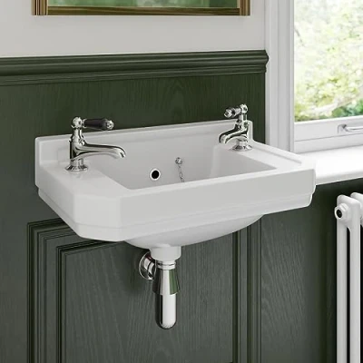 Image of Park Lane® Wall Hung Basin for Bathroom and Cloakroom Hand Wash Basins Two Tap Hole Traditional White Gloss, 500 x 310mm