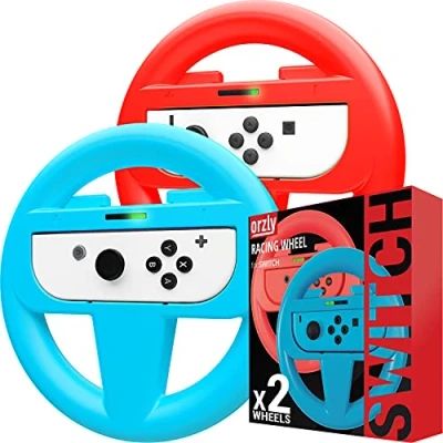 Image of Orzly Steering Wheels for Nintendo Switch &amp; OLED JoyCons, Racing Mario Kart 8 Deluxe [Mariokart Wheel Joycon Controller Attachment Accessories] TWIN PACK[1x Red 1x Blue]