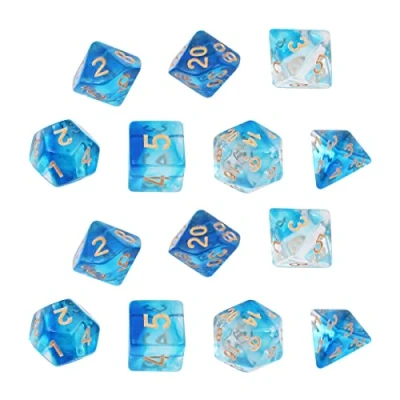 Image of DollaTek Transparent Polyhedral dice Set Table Games 2 Sets x 7 (14 Pieces) Die Series D20 D12 D10 D8 D6 D4 DND RPG MTG Double Colors One Piece (Blue)