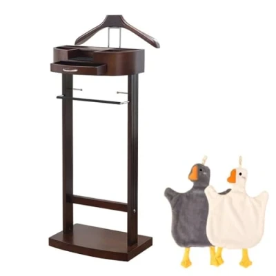 Image of Freestanding Valet Stand, Wooden Clothes Valet, Coat Rack with Trousers Hanger and Storage Compartment, for Men&#039;s or Women&#039;s Clothes, 43.1 x 34.2 106.6 cm, Brown