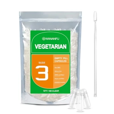 Image of WANANFU Size 3 Empty Capsules Vegetarian (100 Count) Bundle with 2 Micro Lab Spoons, Compatible Capsule Filling Machine