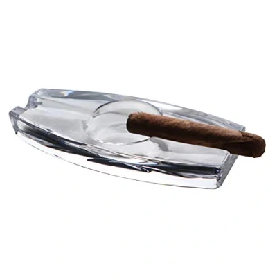 Image of Crystal Glass Heavy Cigar Ashtray with 2 Rests, Rectangular, Large, Handmade, for Patio, Deck, Professional Use, Outdoor, Indoor, Home, Office, Hotel, Pool, Restaurant (Long Holders)