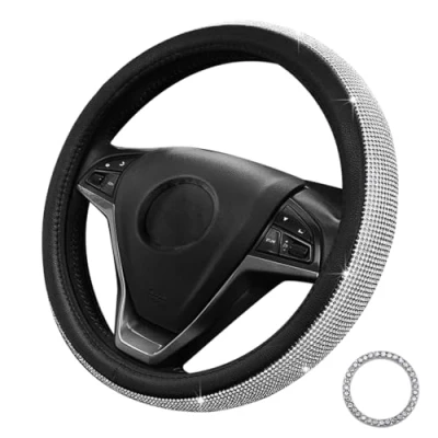 Image of Lifetooler Steering Wheel Covers with Bling Rhinestones,Diamond Cover Sparkly Crystal Diamante Anti Slip Universal 38cm/15 inch Car Accessories for Women Girls (black white)