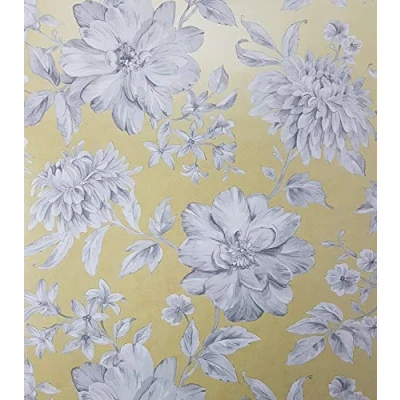 Image of Yellow Floral Wallpaper White Grey Flowers Pearlescent Metallic YöL Lucia
