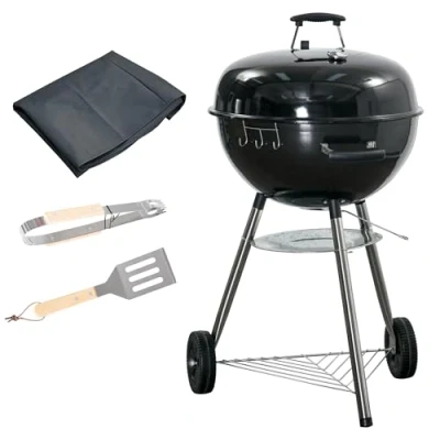Image of Outsunny Portable Kettle Charcoal Grill BBQ Smoker with Cover, Outdoor Round Barbecue Lid, Thermometer, Turner, Knife, Clip, Storage Shelf, &amp; Wheels for Party Patio Garden