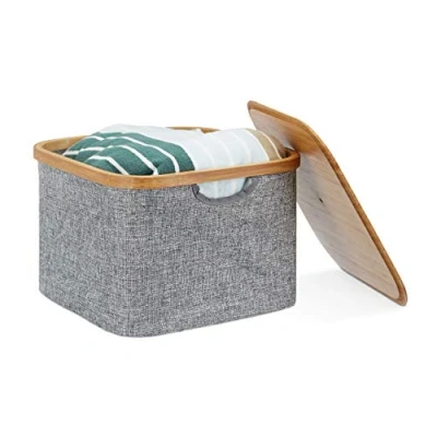 Image of Relaxdays Fabric Storage Basket, Grey Laundry Hamper, Square Folding Shelf Bin, Lidded, HxWxD: 25 x 33 cm,