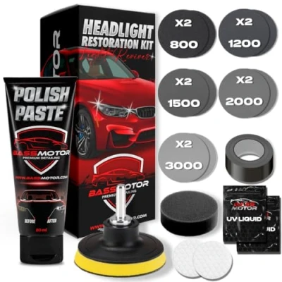 Image of BassMotor Complete Kit for Polishing Dull and Worn Headlights Car Restoration Set Cleaning Sanding ITV Improved Visibility Safety, Carbon Alumina