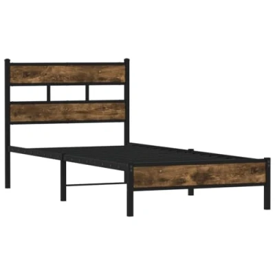 Image of vidaXL Bed Frame without Mattress with Headboard, 80x200 cm, Smoked Oak, Metal Slats &amp; Legs, Elegant Design for Bedroom