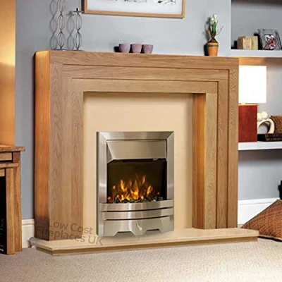 Image of Electric Oak Wood Surround Hearth &amp; Back Panel Modern Silver Flame Fire Wall LED Fireplace Suite 48&quot;