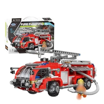 Image of Technic Fire Engine Building Blocks Kit, 767 Pieces Airport Truck Construction Set with minifigures, Water Jet Model Compatible LEGO