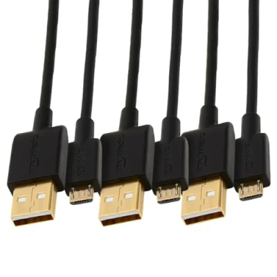 Image of Amazon Basics 3 Pack USB A to Micro Charging Cable, 480Mbps Transfer Speed with Gold Plated Plugs, 2.0, 0.9 m, Black