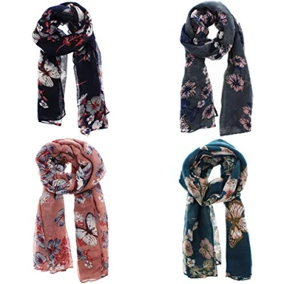 Image of Zac&#039;s Alter Ego Set of 4 Ladies Lightweight Assorted Colour Butterflies &amp; Floral Print Scarves with Border