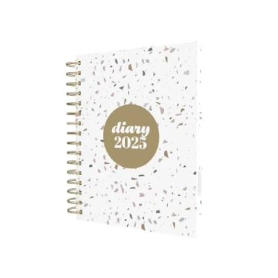 Image of Collins Scandi 2025 Diary A5 Day to Page Journal with Appointments NEW White Terrazzo (E PW51.WHTZ 25) Daily Planner Hardback Wiro Bound Covers and Recycled Paper