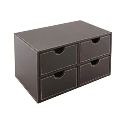 Image of OSCO Brown Faux Leather 4 Drawer Chest Stationery Organiser Stackable Makeup Container Jewellery Box Not A4 Size H18.5 x W33 D20.5 cm