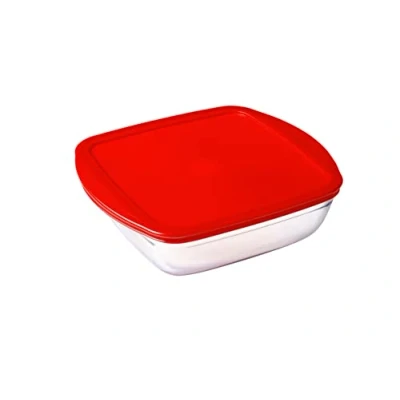 Image of Pyrex O&#039;Cuisine Borosilicate Glass Square Dish Container with Plastic Lid 0.35 Litre Red (Pack of 2)