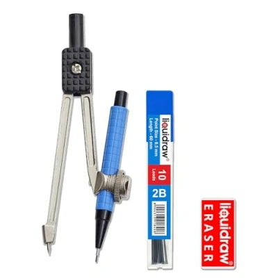 Image of Liquidraw Metal Compass &amp; 0.5mm 2B Pencil Set Ideal for Maths Geometry School Student Essential Professional Quality, Great Technical Drawing Smooth Accurate Radius Adjustment