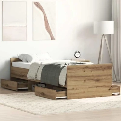 Image of vidaXL Artisan Oak Single Bed Frame with Storage Engineered Wood Bedstead Headboard Includes Plywood Slats, 4 Drawers Bedroom Furniture 90x190 cm