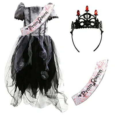 Image of Girls Zombie Prom Queen Halloween Costume XLarge Fancy Dress Grey &amp; Black Dress, Crown Sash