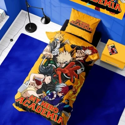 Image of Halantex My Hero Academia Single Reversible Duvet Set 135 x 200 cm with Pillowcase Featuring Midoriya, Bakugo &amp; Todoroki for Anime Fans, Machine Washable