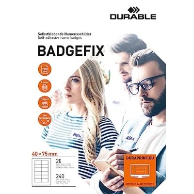 Image of Durable DB80666 Badgefix Self Adhesive Name Badge 40 mm x 75 White (Pack of 20 Sheets/240 Badges)