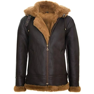 Image of Infinity Leather Mens Hooded Sheepskin B3 Flying Jacket Columbus Brown Size X Small