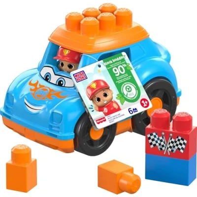 Image of MEGA BLOKS Fisher Price Toddler Building Blocks Toy Car, Ricky Race Car with 6 Pieces and Storage, 1 Figure, Blue, Gift Ideas for Kids Age 1+ Years, HKN41