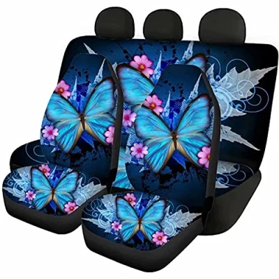 Image of Jeiento Auto Front Back Car Seat Covers for Cars Trucks Van SUVs, Blue Butterfly Print Strenthy Polyester Cover, Non Slip Rear Universal Fit Full Set 4piece