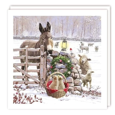 Image of Tracks Publishing Charity Christmas Cards Donkey, Sheep and Labrador Puppies at Snowy Farm Gate Eco Friendly Pack of 5