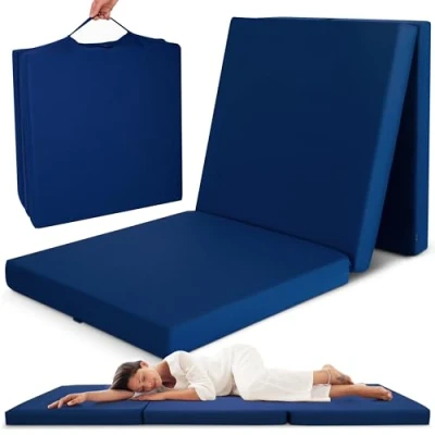 Image of Beautissu Campix Folding Mattress 60x190 cm Dark Blue Fold Up Floor 7 thick as Z Bed or Futon Guest with Velcro Straps for Transport