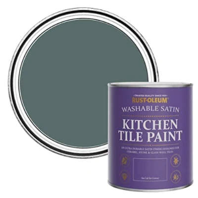 Image of Rust Oleum Green water resistant Kitchen Tile Paint in Satin Finish Deep Sea 750ml