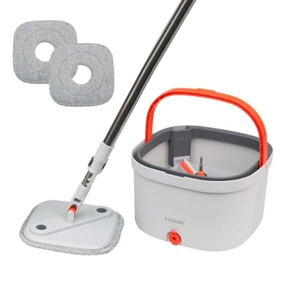 Image of Crystals 360 Spin Mop &amp; Bucket Set Compact Floor Cleaning System with Squeeze Wringer, Machine‑Washable Microfibre Pads Rotating Head, Square Mop, Grey (Mop + 2 x Heads)