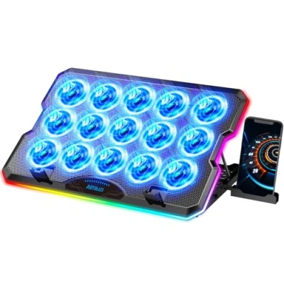 Image of AIMIUZI Laptop Cooling Pad, Gaming Fan Cooler with 15 Quiet Fans for 12 17.3 Inch Notebook, Slim Portable RGB Stand 7 Height Adjustable,2 USB Ports, Phone