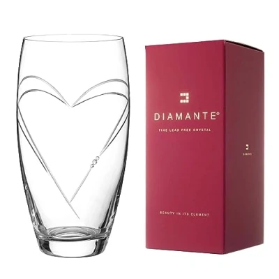 Image of DIAMANTE Heart in Large Hand Cut Crystal Barrel Vase with Swarovski Crystals 26cm