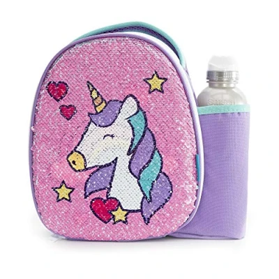 Image of Smash 22841 Insulated, Polyester, 500 milliliters, Reverse Sequin Unicorn Lunch Bag and 500ml Bottle,8.5cm x 25.5cm 25cm, Pink/ Purple
