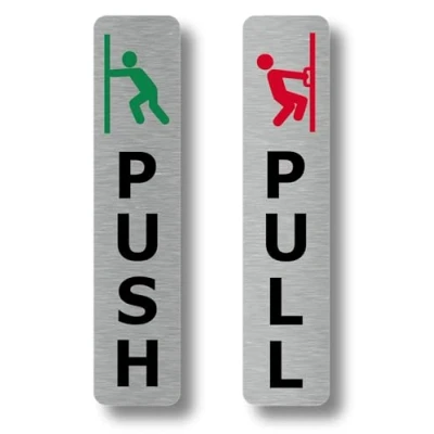 Image of Pair of Silver Push &amp; Pull, Strong Adhesive, Aluminium Composite Door Signs Generic Sign for business, restaurants, bars, hotels, schools, cafe. Shipped Globally.