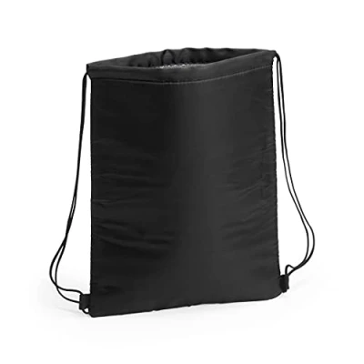 Image of eBuyGB Plain Polyester Drawstring Cooler Bag, Reusable Insulated Lunch Foldable Aluminium Cool Bag for Work, School, Travel (Black)