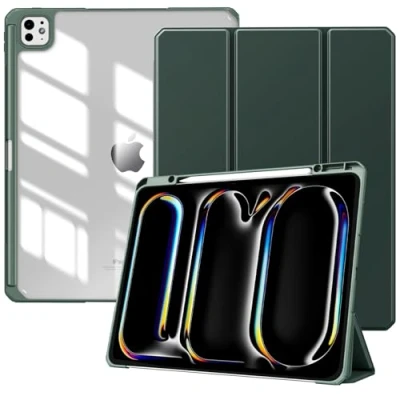 Image of TiMOVO for iPad Pro 13 inch (M4) Case 2024 with Pencil Holder, Slim Stand Protective Cover Clear Transparent Back Shell Tablet, Support Auto Wake/Sleep, Midnight Green