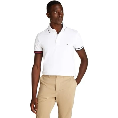 Image of Tommy Hilfiger Men’s Short Sleeve Flag Cuff Slim Fit Polo Shirt, White (White), 3XL