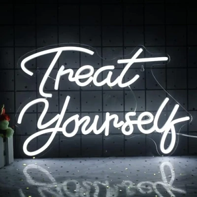 Image of Wanxing Treat Yourself Neon Signs White Led Sign for Bedroom Wall Letter Lights Wedding Room Decor Birthday Present Party Home Bar