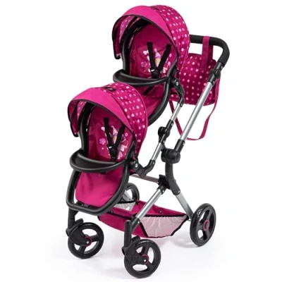 Image of Bayer Design 26267AA Dolls Twin Pram height adjustable handle, foldable, with bag and integrated shopping basket