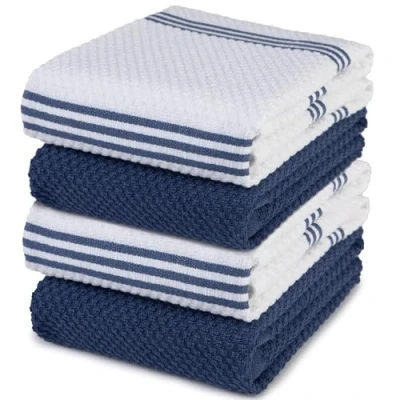 Image of Sticky Toffee 100% Cotton Terry Tea Towel Blue Plain &amp; Stripe Pattern, Pack of 4 Kitchen Set Absorbent, Strong, Quick Dry Machine Washable Home Bathroom Accessories