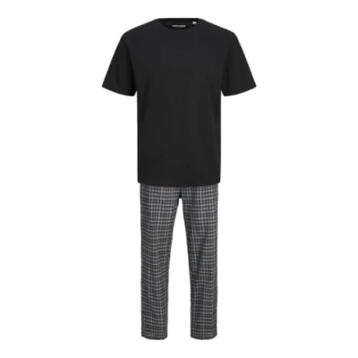 Image of JACK&amp;JONES Men&#039;s JACBACIS TEE and Woven Pants GIFTBOX Footie, Black/Pack:Pants Brown Check, S