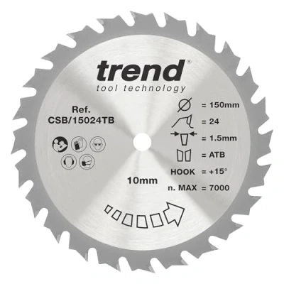 Image of Trend Wood Cordless Circular Saw Blade, 150mm Diameter, 10mm Bore, 24 Teeth, TCT, 1.5mm Kerf, +15 Hook, CSB/15024TB