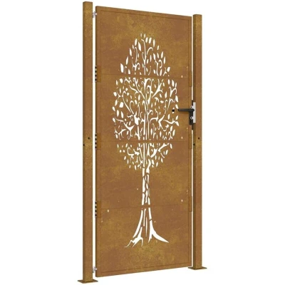 Image of vidaXL Garden Gate Fence Panel Door 105x205 cm Corten Steel Tree Design Lockable System Rusty Color Easy to Assemble Patio/Garden Entry Point