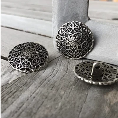 Image of Silver Antique Delicate Patterned Metal Buttons with Eyelet 15 mm or 23 (Pack of 10) (15 mm)