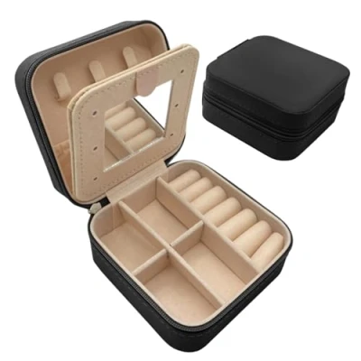 Image of igadgitz home U7285 Portable Mini Jewellery Box, Small Travel Organiser, Case with Mirror Black