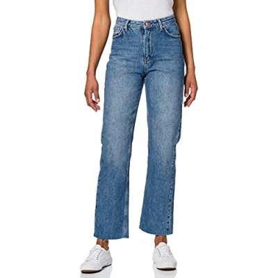Image of NA KD Women&#039;s Straight High Waist Raw Hem Jeans, Mid Blue, 16 UK