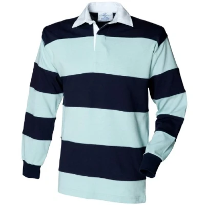 Image of Front Row Sewn Stripe Long Sleeve Sports Rugby Polo Shirt (M) (Duck Egg/Navy)