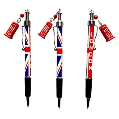 Image of London Landmarks Charm Pen: Union Jack Pens with Bus, Telephone Box, and Big Ben Charms (Set of 3) (3 x Phone booth charms)