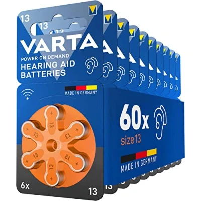Image of Varta Power on Demand Hörgerätebatterien Typ 13 orange, Batterien 60 Stück Vorratspack, wireless approved, Größe p13 für Hörgeräte und Hörhilfen, high hearing level, quecksilberfrei, Made in Germany